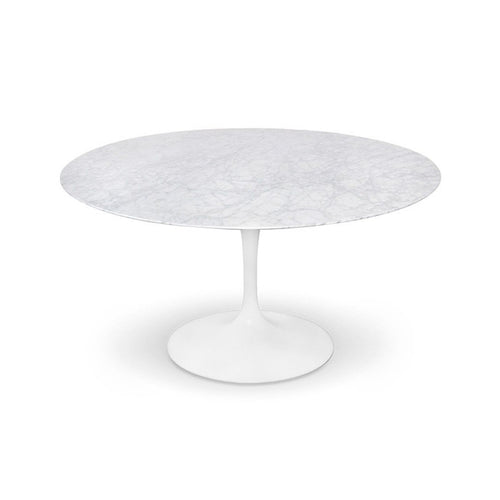 Round Carrara marble dining table with white metal base. 