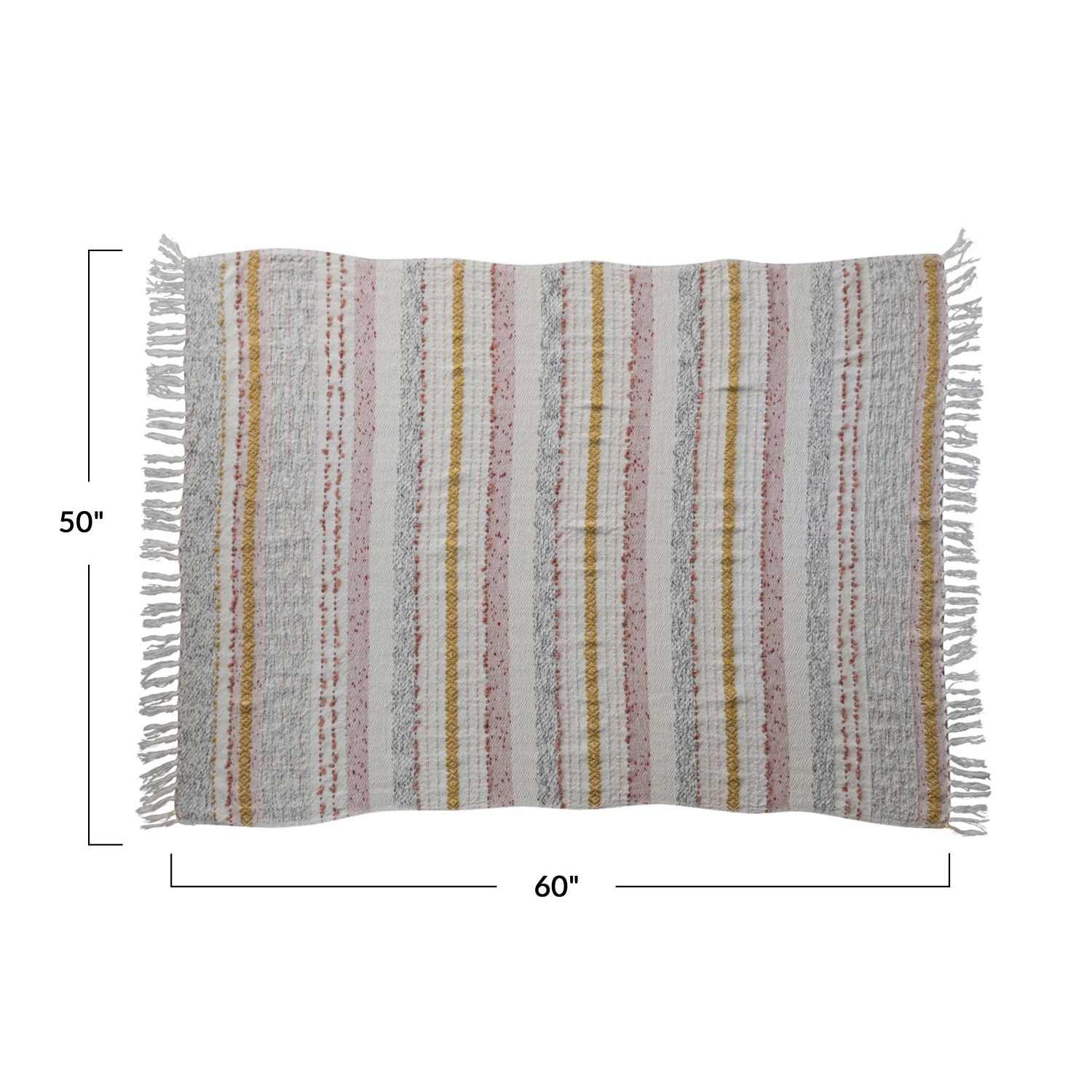 Measurements of the Woven cotton blend throw blanket with stripes, embroidery and fringe.
