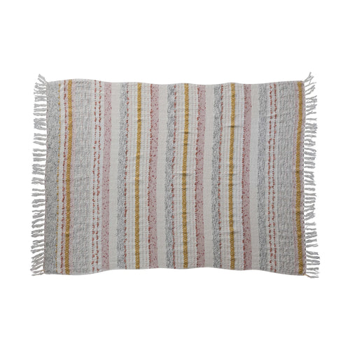 Woven cotton blend throw blanket with stripes, embroidery and fringe. 