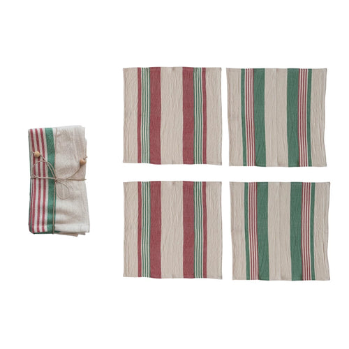 Set of 4 Cotton Napkins Cream with Red and Green Stripes