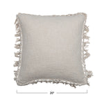 20" Square Cotton Slub Pillow with Crochet & Fringe - Cream