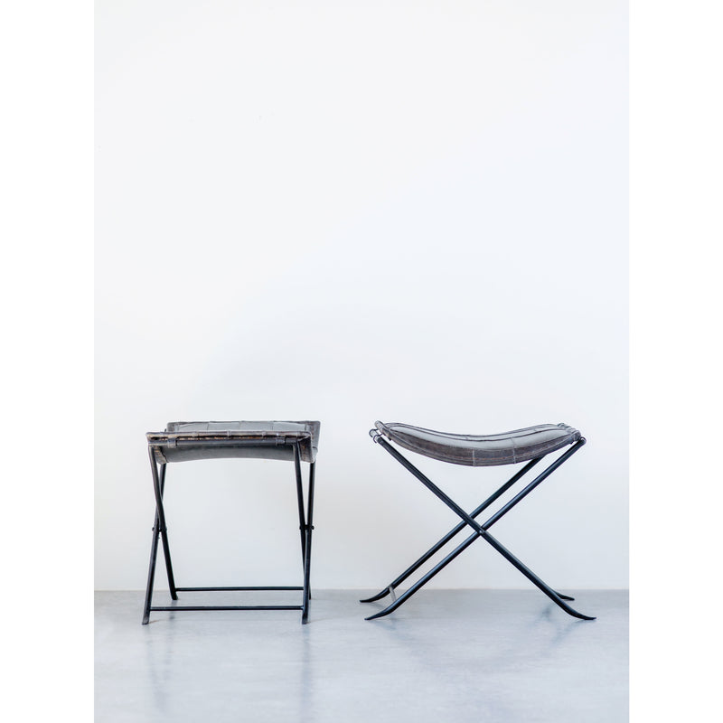 Leather and Metal Stool - Black