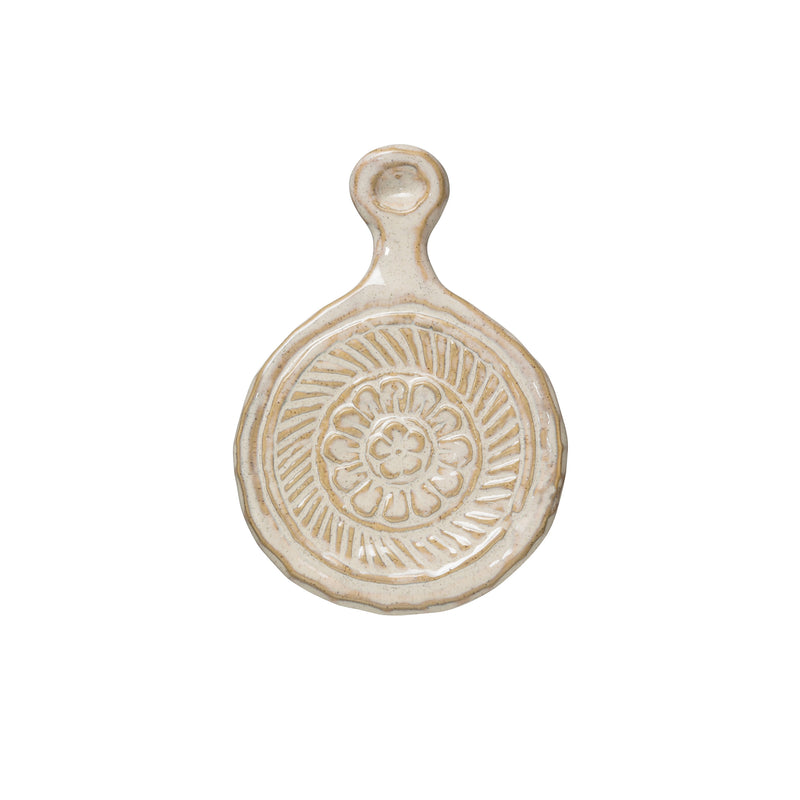Embossed Stoneware Trivet with Handle - Cream
