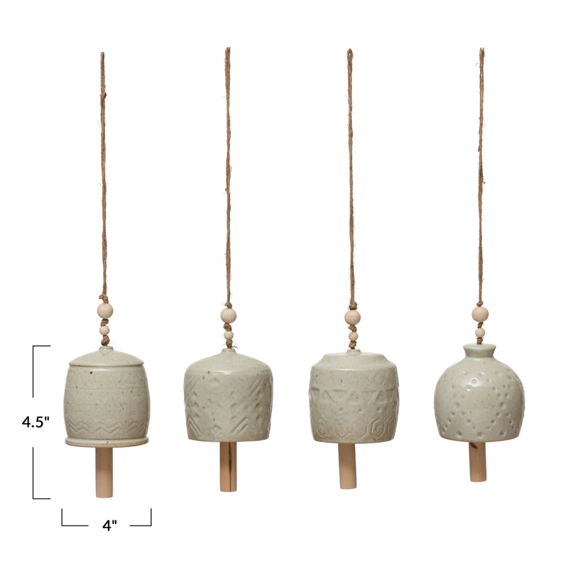 Stoneware Bell with Wood Beads - Cream