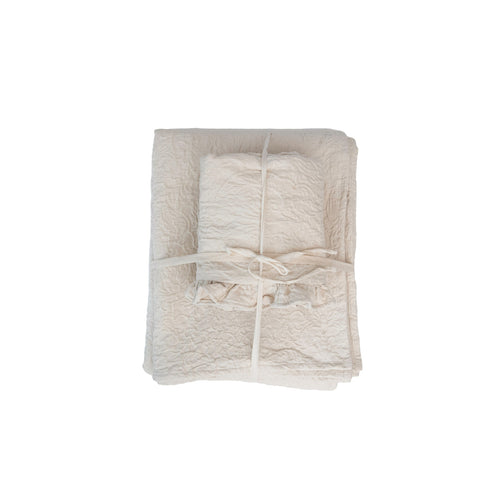 Woven Cotton Jacquard Queen Bed Cover with 2 Ruffled Standard Shams