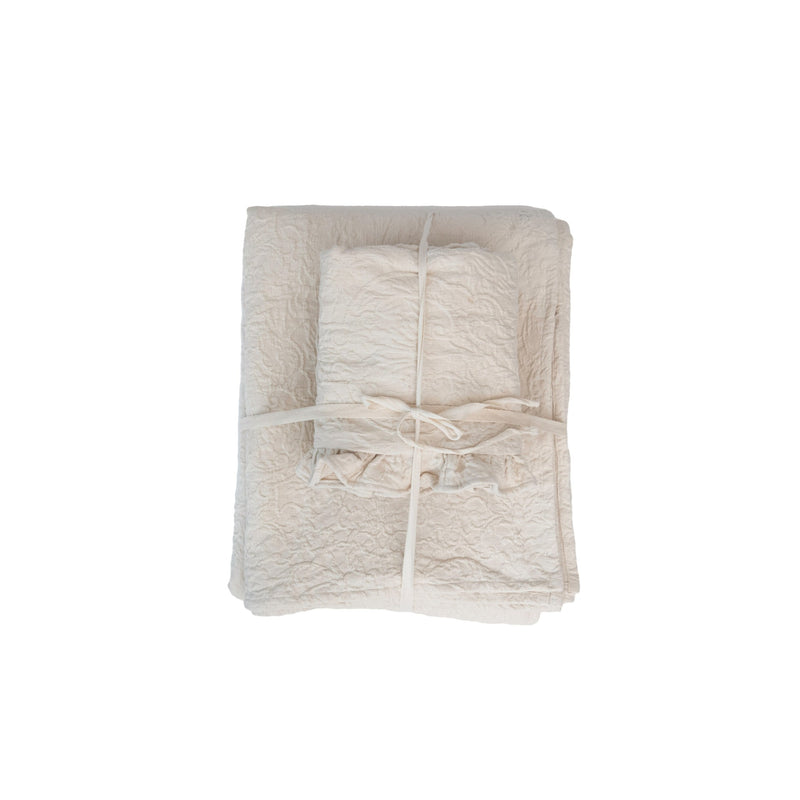 Woven Cotton Jacquard Queen Bed Cover with 2 Ruffled Standard Shams