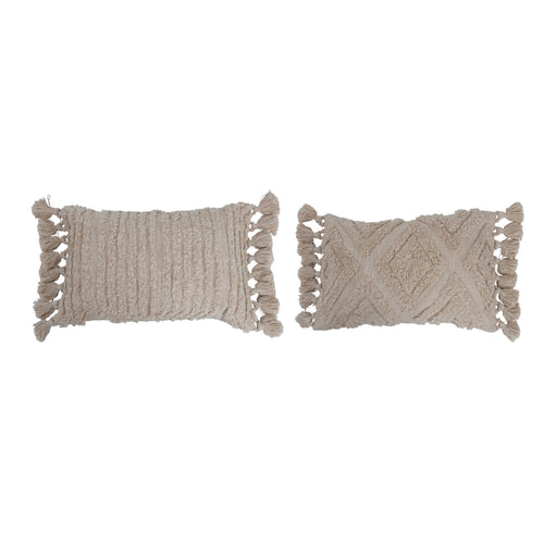 Woven Cotton Lumbar Pillow with Tufted Design & Tassels - Cream