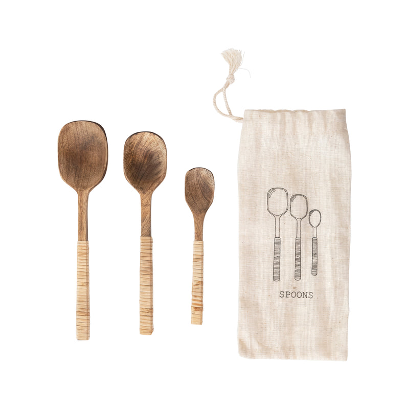 Mango Wood Spoons with Bamboo Wrapped Handles (Set of 3)