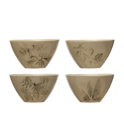 Debossed Stoneware Bowl with floral stamped designs.