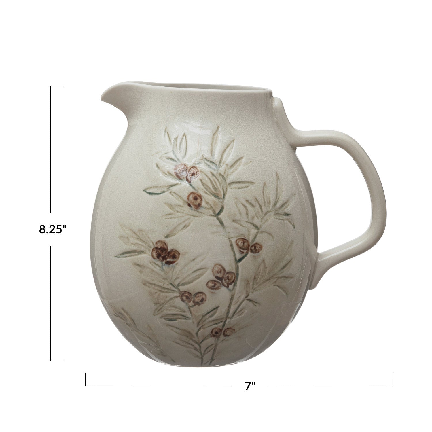 Debossed Stoneware Pitcher with Olive Branch use as water pitcher or fresh flower vase. 