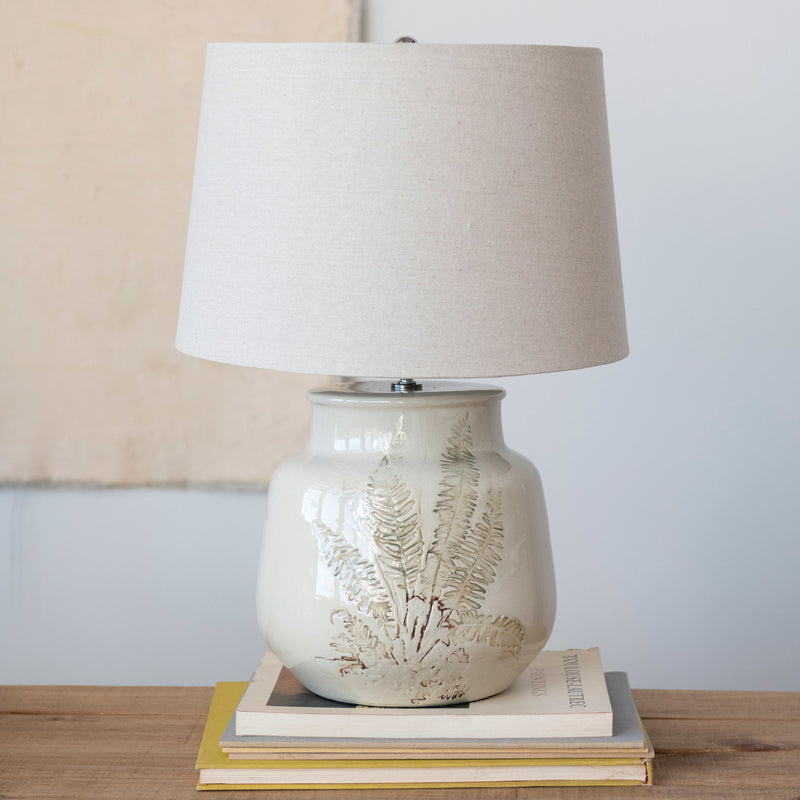 Debossed Stoneware Table Lamp with Fern & Linen Shade