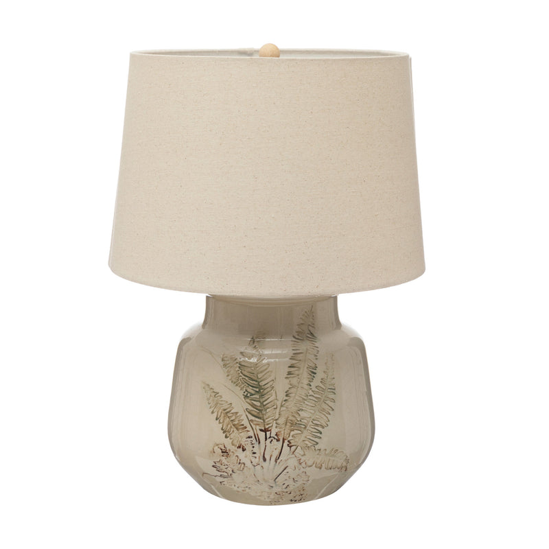 Debossed Stoneware Table Lamp with Fern & Linen Shade