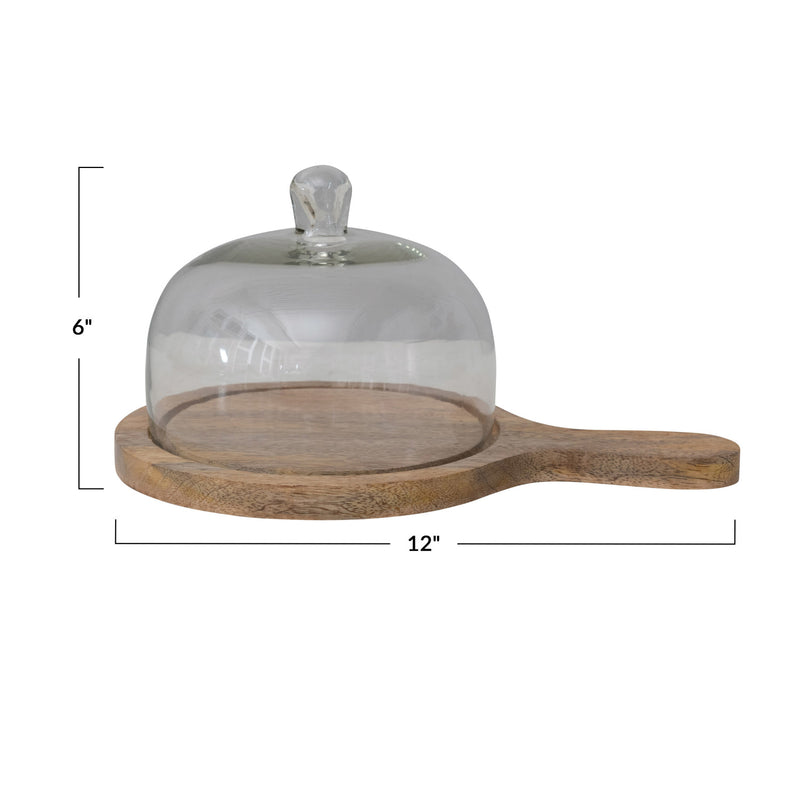 Mango Wood Serving Tray with Glass Cloche & Handle