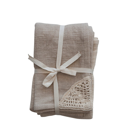 Woven Cotton Tea Towels with Crochet Corner, Set of 2