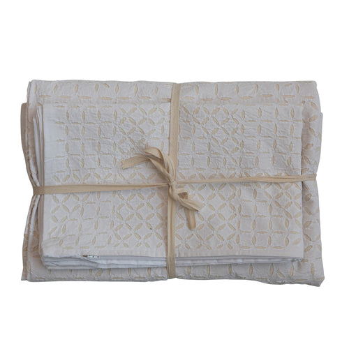 King Cotton Bed Cover with Cutwork, Set of 3 -White & Cream