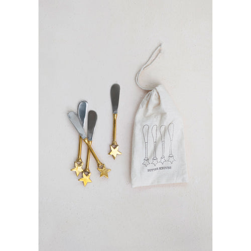 Set of 4 Stainless Steel and Brass Canape Knives - Stars