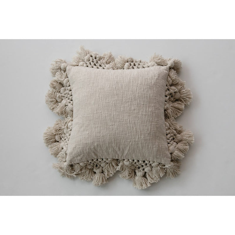 Cotton Cushion with Crochet & Tassels - Cream