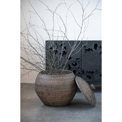 Rattan Basket with Lid - Black & Natural
