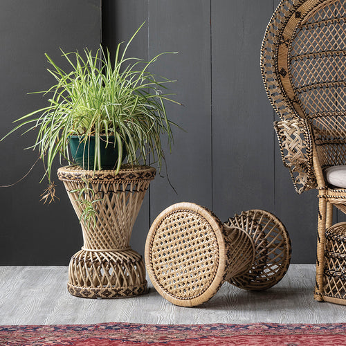 Rattan side table and peacock chair with Persian rug. 
